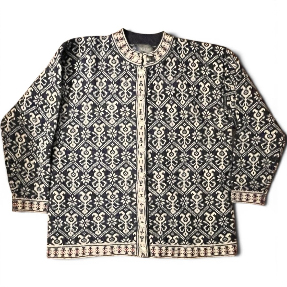 Squaw Valley Cardigan Sweater Womens PM Blue Ski Fair Isle Wool Button Knit